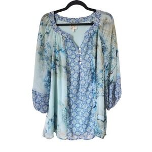 Fig and Flower Blue Floral Mixed Print Boho Peasant Top Plus Size 2X‎ Tunic